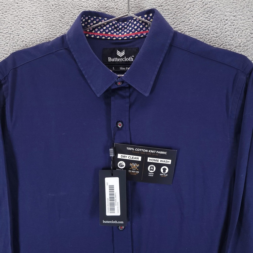 Buttercloth Dress Shirt Mens L Blue Slim Fit Cotton Knit Columbus Circle